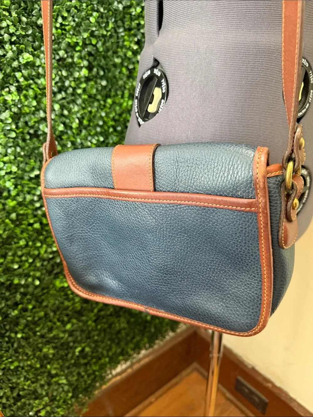 Coach Pebbled Leather Crossbody in Blue with Brown Trim